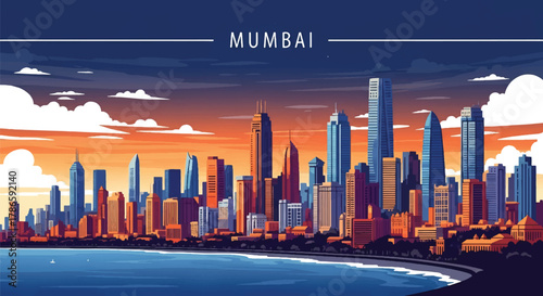 Flat vector skyline of Mumbai showing dense coastal skyscrapers. Solid strong colors, no gradients. Ideal for travel posters, business, and editorial illustration