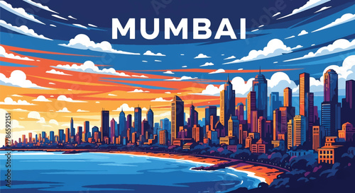 Flat vector skyline of Mumbai showing dense coastal skyscrapers. Solid strong colors, no gradients. Ideal for travel posters, business, and editorial illustration