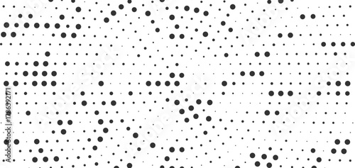 Black and white halftone dotted grid with alternating dot sizes forming a circular geometric matrix pattern, minimal abstract background suitable for technical layouts branding graphics and modern pri