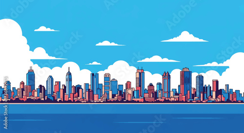 Flat vector skyline of Mumbai showing dense coastal skyscrapers. Solid strong colors, no gradients. Ideal for travel posters, business, and editorial illustration