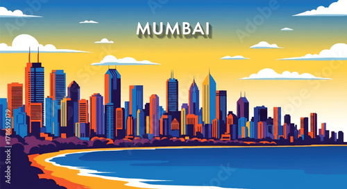 Flat vector skyline of Mumbai showing dense coastal skyscrapers. Solid strong colors, no gradients. Ideal for travel posters, business, and editorial illustration