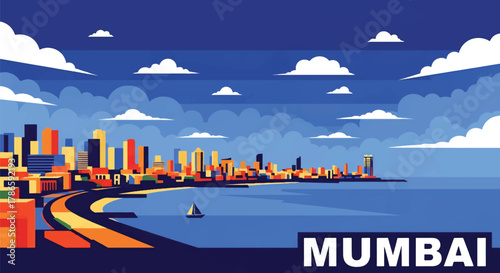 Flat vector skyline of Mumbai showing dense coastal skyscrapers. Solid strong colors, no gradients. Ideal for travel posters, business, and editorial illustration