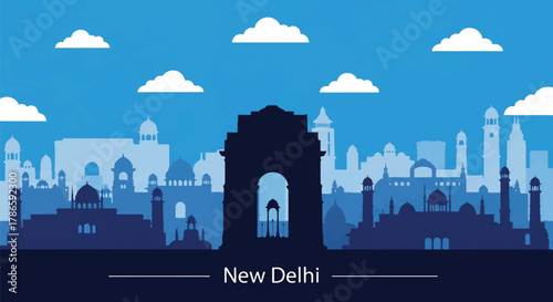 Flat vector skyline of New Delhi with monumental arch landmark and symmetrical government buildings. Solid warm tones, no gradients. Excellent for editorial and travel visuals