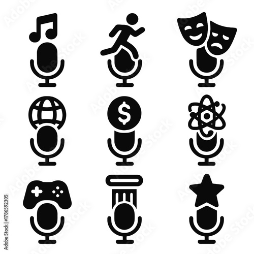 Black icons on microphone stand: music, sports, theater, gaming, and science