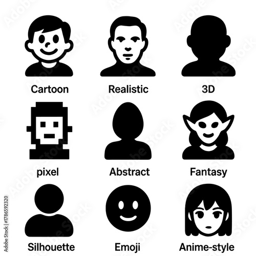 Diverse face styles: cartoon, realistic, pixel, and fantasy portraits