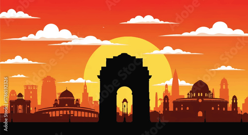 Flat vector skyline of New Delhi with monumental arch landmark and symmetrical government buildings. Solid warm tones, no gradients. Excellent for editorial and travel visuals