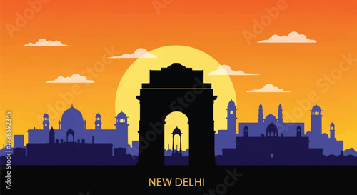 Flat vector skyline of New Delhi with monumental arch landmark and symmetrical government buildings. Solid warm tones, no gradients. Excellent for editorial and travel visuals