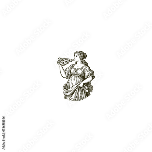 vintage engraving style illustration of a mythological or classical woman figure enjoying a slice of pizza
