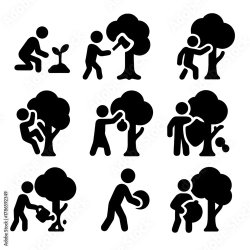 Silhouette figures engaging in gardening and tree activities