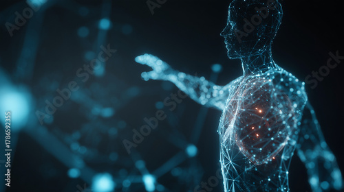 A secure, glowing holographic digital twin of a human body, a futuristic medical technology concept.