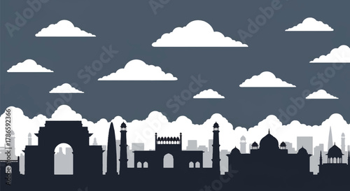 Flat vector skyline of New Delhi with monumental arch landmark and symmetrical government buildings. Solid warm tones, no gradients. Excellent for editorial and travel visuals