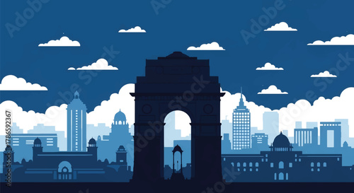 Flat vector skyline of New Delhi with monumental arch landmark and symmetrical government buildings. Solid warm tones, no gradients. Excellent for editorial and travel visuals