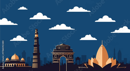 Flat vector skyline of New Delhi with monumental arch landmark and symmetrical government buildings. Solid warm tones, no gradients. Excellent for editorial and travel visuals