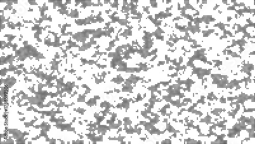 Monochrome camouflage texture pattern with scattered irregular pixel blocks forming a seamless grayscale surface, modern military style abstract background ideal for fabric printing wallpapers and tac