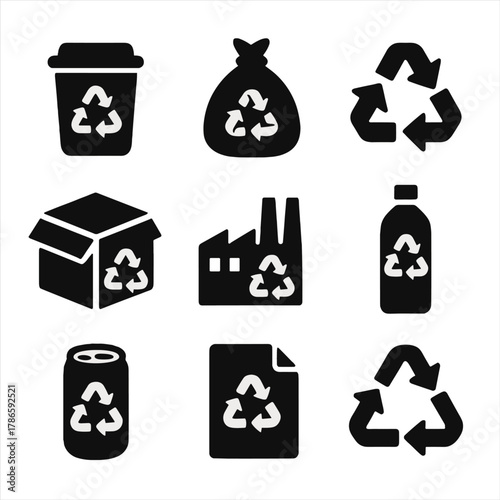 Recycling icons set featuring bin, bag, arrows, factory, and bottles