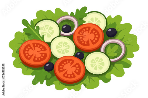 Delicious vibrant salad featuring fresh tomatoes, cucumbers, onions and olives art
