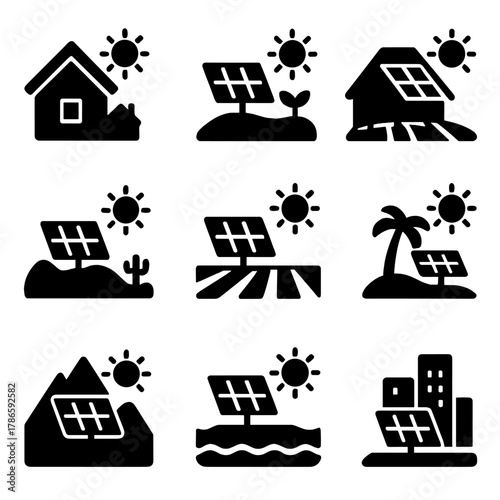 Solar energy icons: diverse environments showcasing renewable power solutions