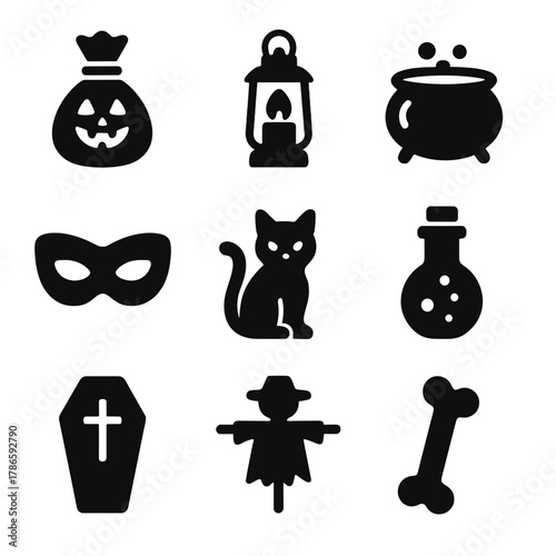 Halloween icons: pumpkin, lantern, cauldron, mask, cat, potion, coffin, scarecrow