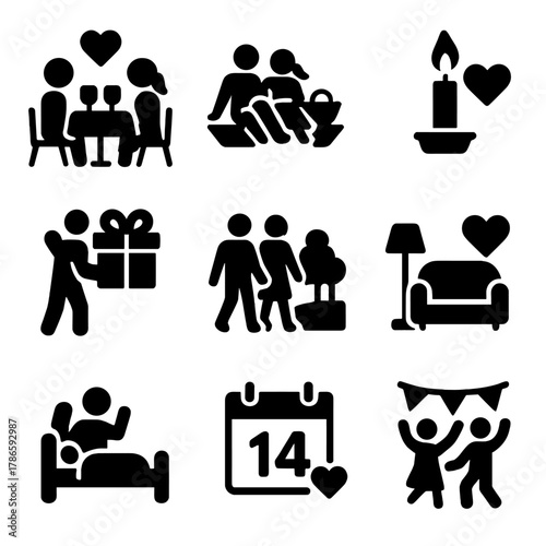 Valentine's day icon set depicting romantic activities and love symbols