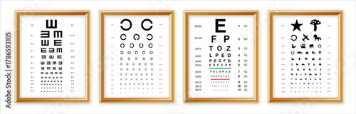 Eyes test charts with latin letters isolated on background. Art design medical poster with sign in golden frame. Concept graphic element for ophthalmic test for visual examination.