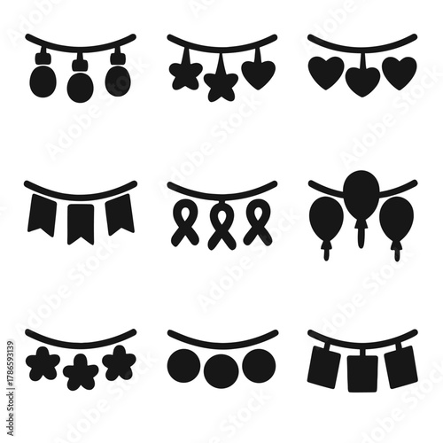 Black silhouette of decorative balloon and flag banners on gradient background