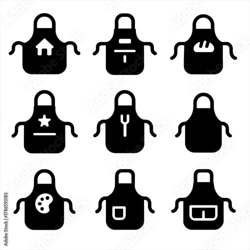 Black apron icons featuring cooking, baking, and art on grey background