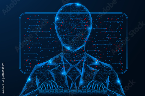 A digital cyber agent. A business bot in a suit sits in front of a monitor, intently typing on a keyboard. Artificial intelligence that performs office tasks. Polygonal design, blue background.