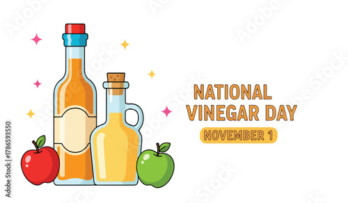 Two bottles of vinegar with apples and National Vinegar Day text