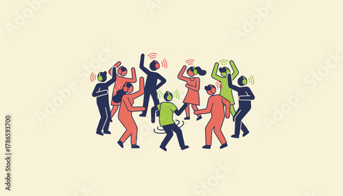 A silent disco scene where people dance with wireless headphones each immersed in their personal choice of music.