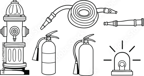 Fire hydrant, fire hose, nozzle, fire extinguisher, emergency siren, firefighting tools, rescue gear, safety equipment, emergency response, black and white illustration