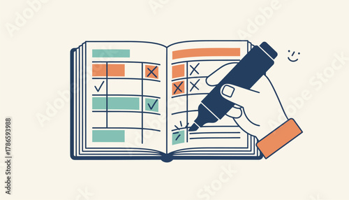 A person crossing off tasks in a structured planner depicting the satisfaction of following a timeblocking schedule and achieving goals.