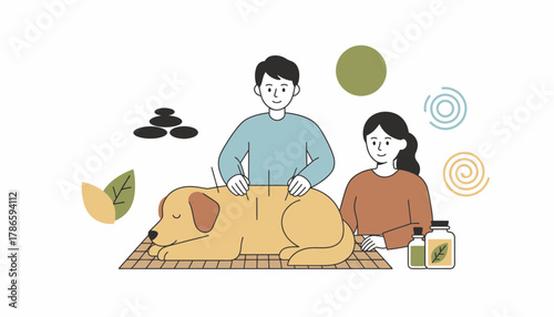 An illustration of a pet undergoing a holistic veterinary treatment emphasizing the growing trend of alternative medicine for animal care.