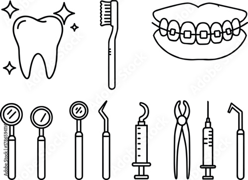 Dental hygiene icons, toothbrush, braces mouth, sparkling tooth, dental mirror, syringe, scaler, forceps, orthodontic tools, oral care