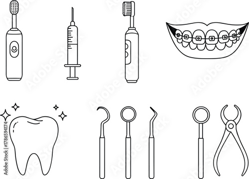 Dental care icons, toothbrush, syringe, braces mouth, clean tooth, dental tools, mouth mirror, forceps, hygiene, orthodontics, clinic