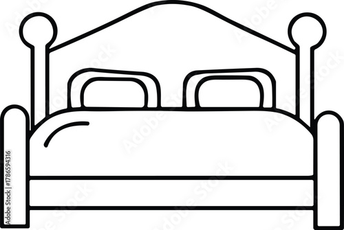 Bed icon, sleeping arrangement, hotel furniture, interior design, pillow set, headboard detail, rest symbol, hospitality, bedroom, comfort