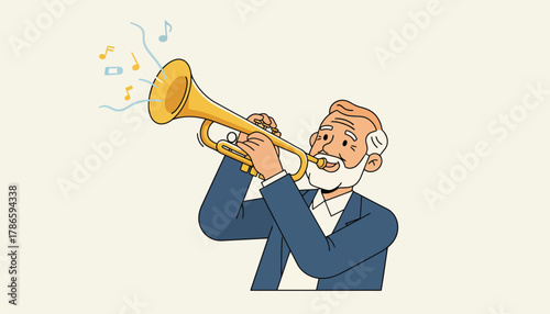 An elderly man blowing into a polished brass tet his face expressing joy and nostalgia as music fills the air.