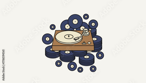 A vintage record player surrounded by cascading vinyl records evoking a nostalgic atmosphere filled with melodies.