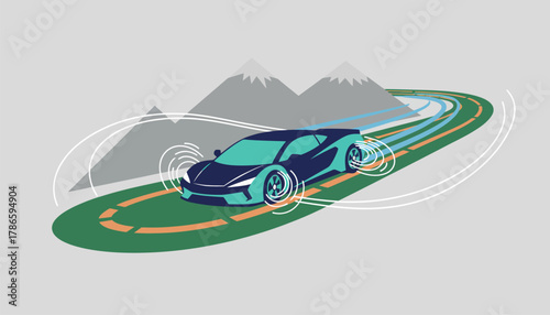 A dynamic scene of an electric vehicle navigating windy mountain roads showcasing its handling and regenerative braking capabilities.