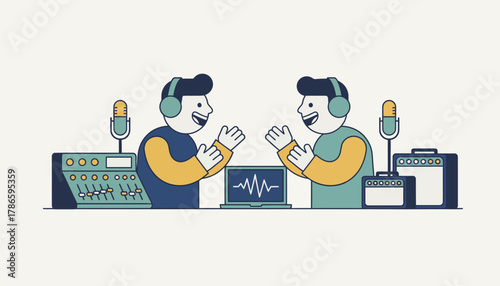 Two people sitting across from each other headphones on animatedly discussing topics while surrounded by audio equipment and a laptop displaying waveforms.