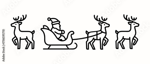 Santa in Sleigh being Pulled by Three Reindeer Icon Isolated on White
