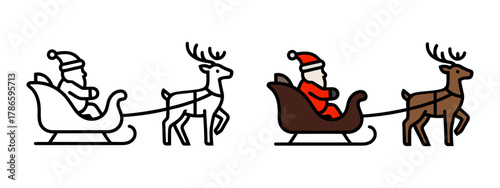 Minimalist icon depicting Santa Claus riding in a reindeer drawn sleigh