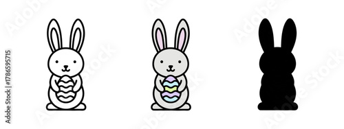 Bunny holding decorated egg shown in outline, color, and silhouette variations on white