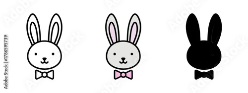 Rabbit head icons with bow tie in varying styles, playful designs on white background
