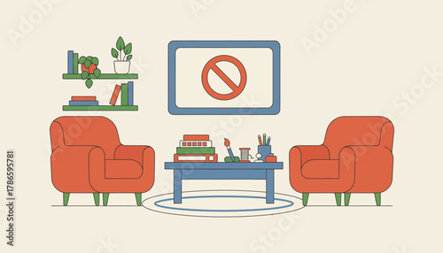 A cozy living room with a ScreenFree Zone sign where board games and crafts are set up for family activities.