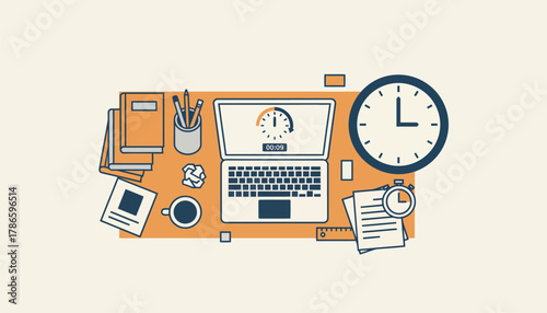 An overhead shot of a cluttered study space featuring a laptop stationery and a wall clock ticking down the time for an online test.