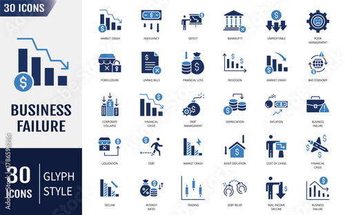 Business failure solid icon set collection. Containing bankruptcy, financial crisis, debt, no money, recession, unpaid bills and more. Vector illustration
