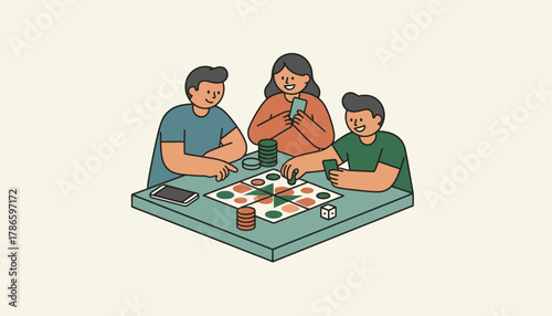 A digital detox scene with a phone p face down while friends enjoy a board game emphasizing the need to unplug from technology.