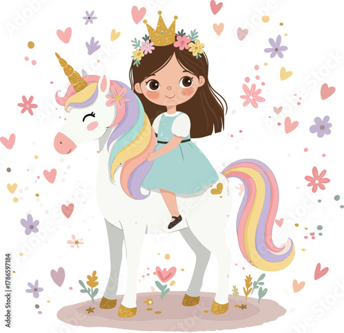 Little princess riding a magical unicorn illustration kids.