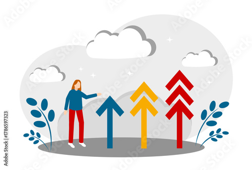 The concept of step-by-step planning, career growth, improving living standards and life success. The Woman and arrows