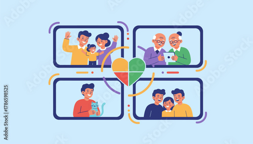 A fun depiction of a family video call with extended family members showcasing how digital tools connect loved ones across distances.